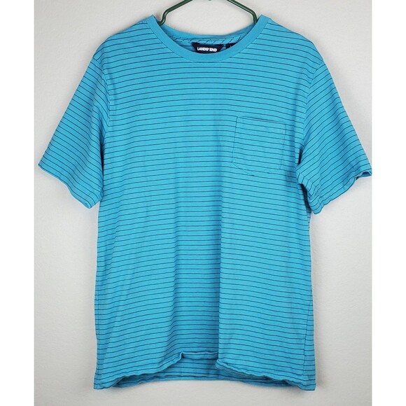 Land's End Men's Large Blue Striped T-Shirt 100% Cotton Chest Pocket - Picture 1 of 5